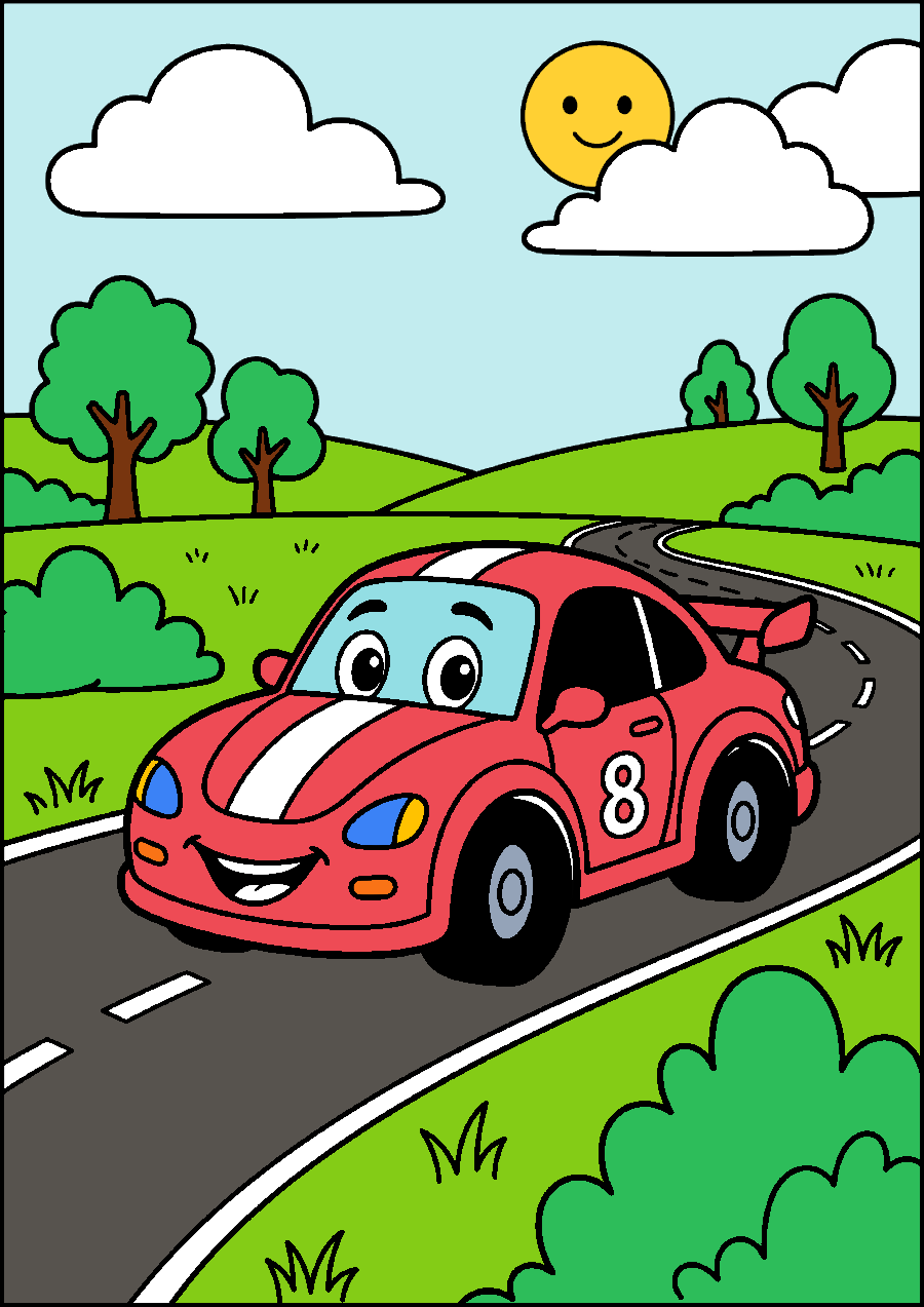 Smiling Race Car On The Road