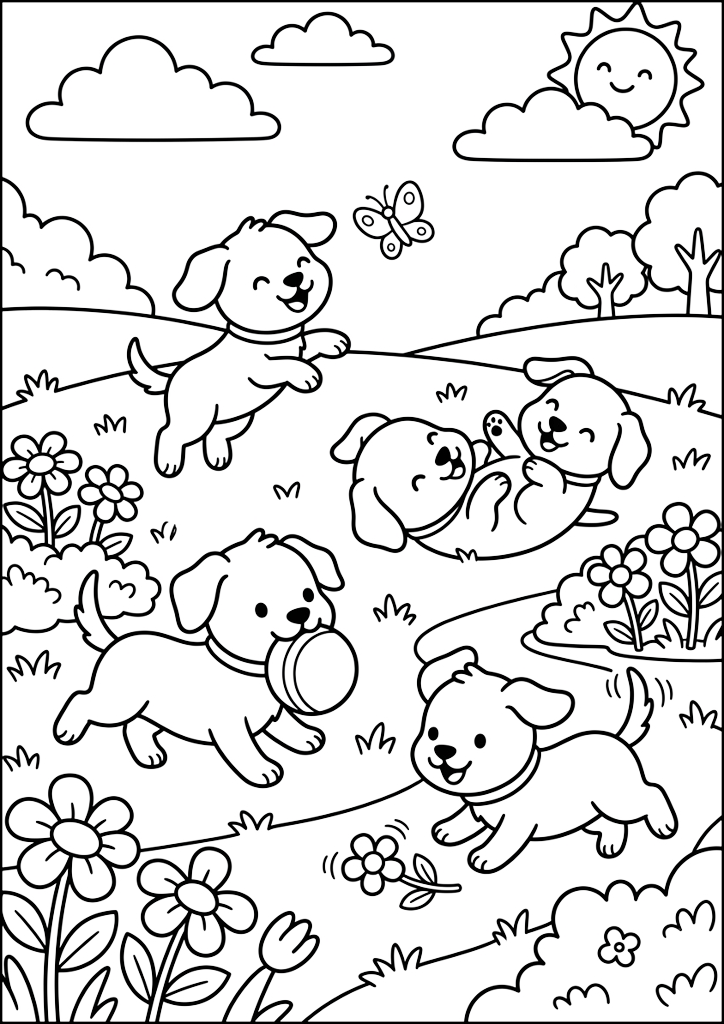 Ausmalbild Welpen Spielen Auf Wiese