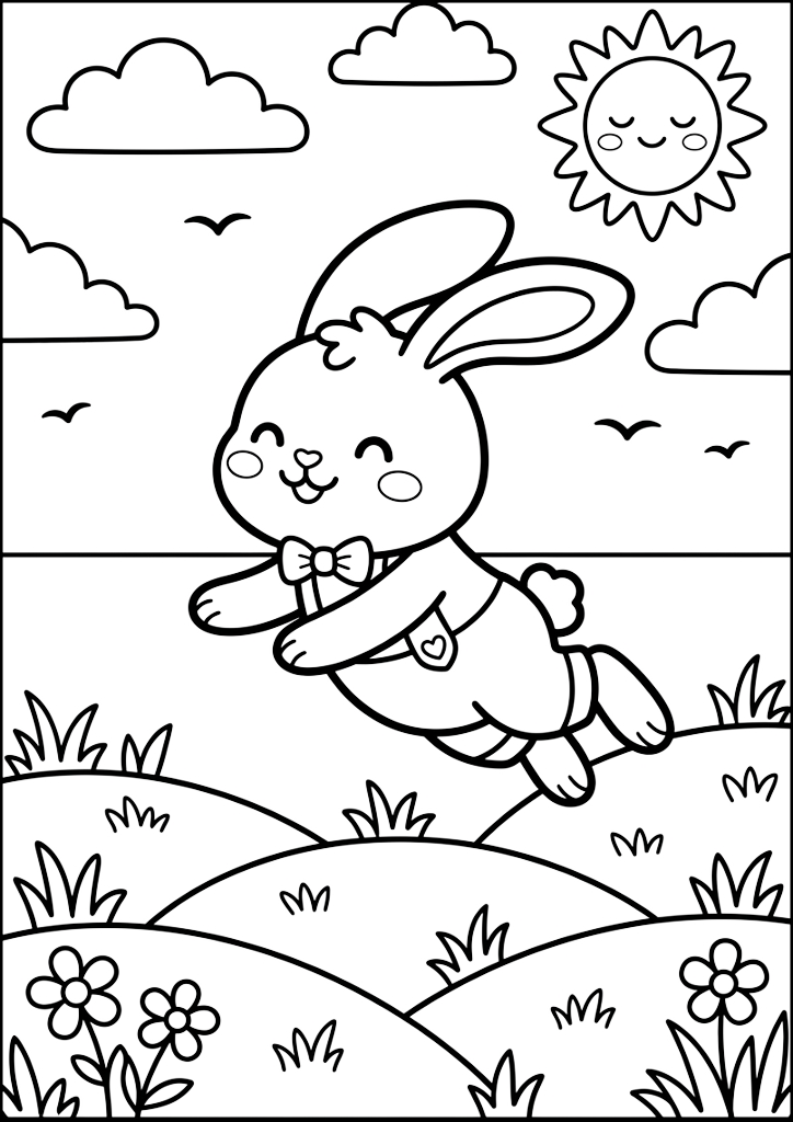 Coloring page Happy Bunny Jumping Over Hills