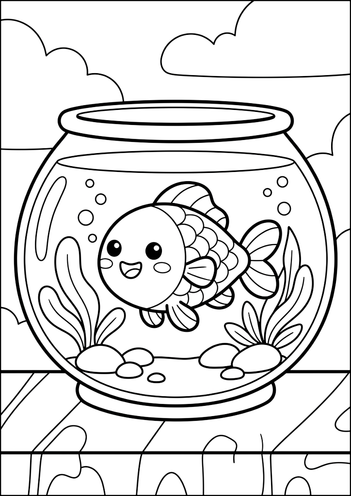 Coloring page Cute Fish in Aquarium