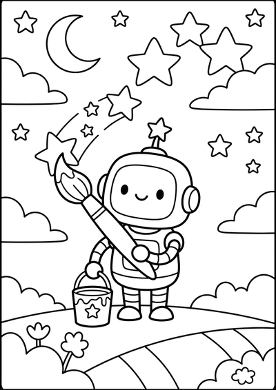 Ausmalbild Süßer Roboter Malt Sterne