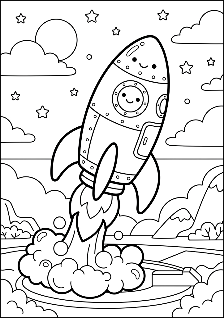 Dibujo para colorear Cohete Lindo Despegando al Espacio