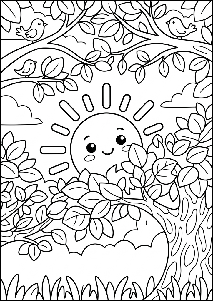 Coloring page Smiling Sun Among Leaves