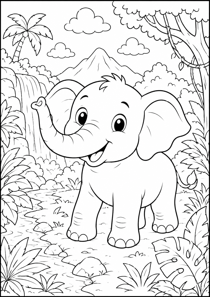 Coloring page Cute Baby Elephant In The Jungle