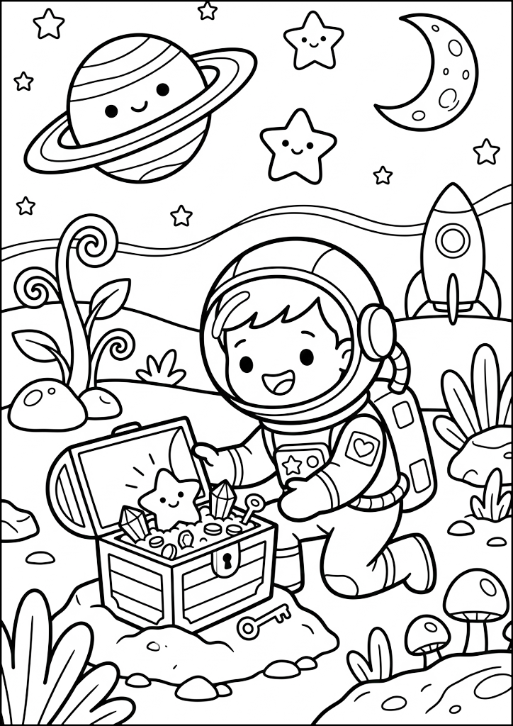 Coloring page Little Astronaut Discovers Space Treasure