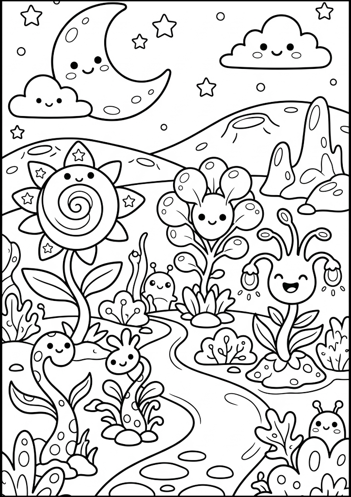 Dibujo para colorear Adorable Jardín Cósmico Nocturno