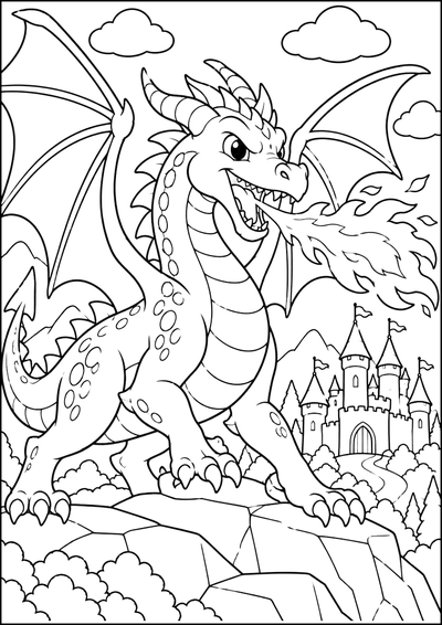 Disegno da colorare Drago che sputa fuoco sul castello