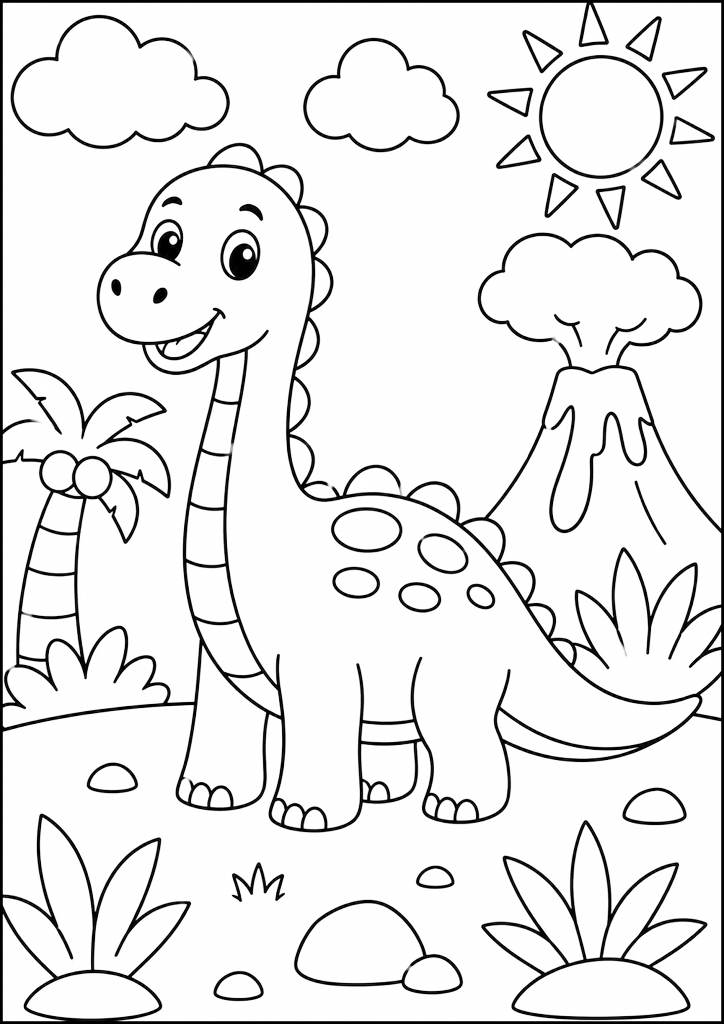 Ausmalbild Lächelnder Dinosaurier Und Vulkan