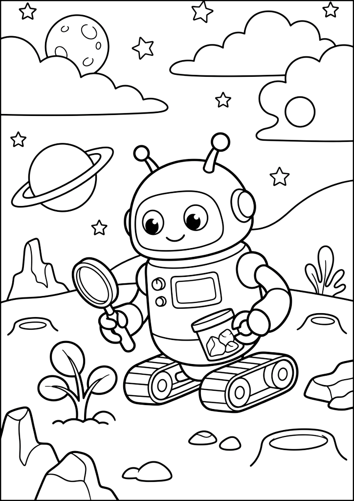 Dibujo para colorear Lindo Robot Explorador en el Espacio
