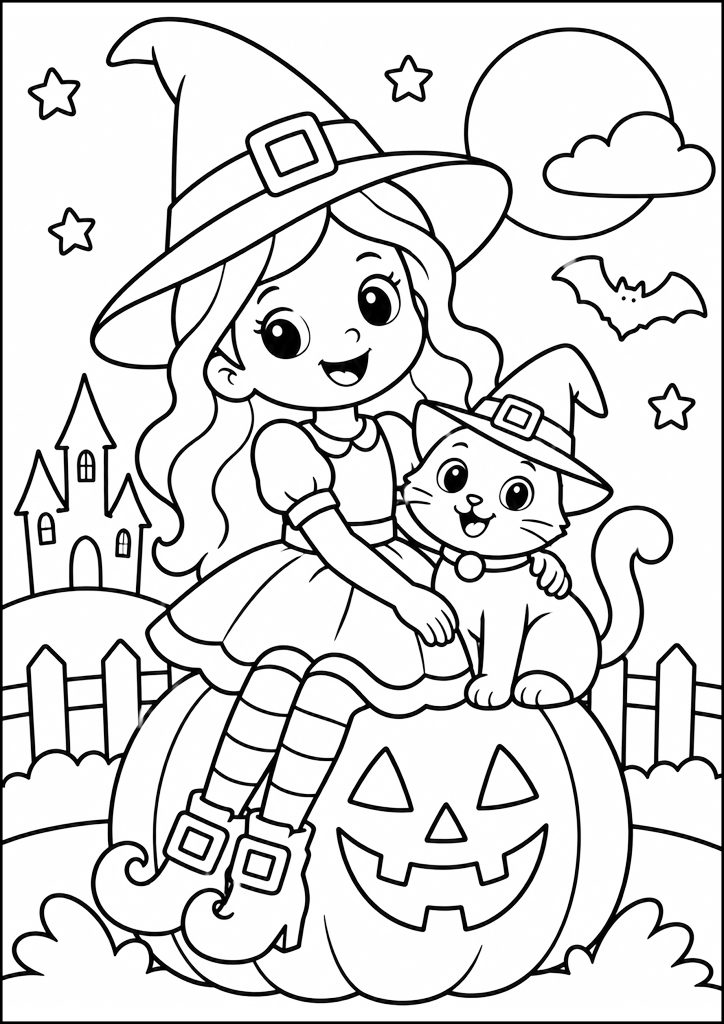 Dibujo para colorear Pequeña Bruja Y Gato