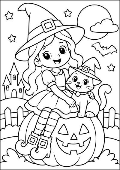 Dibujo para colorear Pequeña Bruja Y Gato