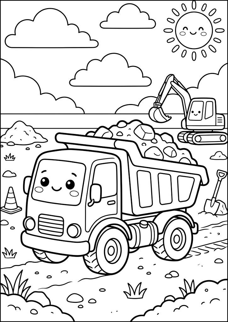 Ausmalbild Fröhliche Baufahrzeuge auf der Baustelle