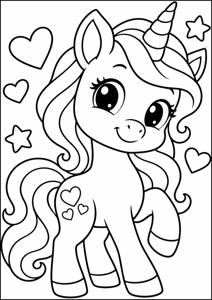 Coloring page Cute Unicorn With Hearts