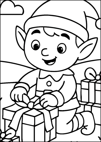 Coloriage Lutin Faisant Des Noeuds Sur Cadeaux