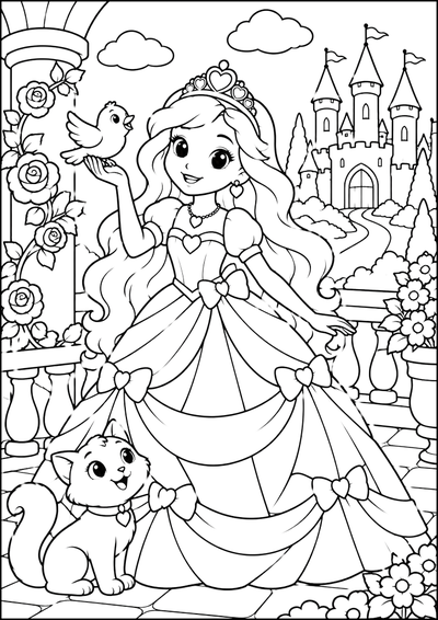 Ausmalbild Prinzessin Mit Katze Und Schloss