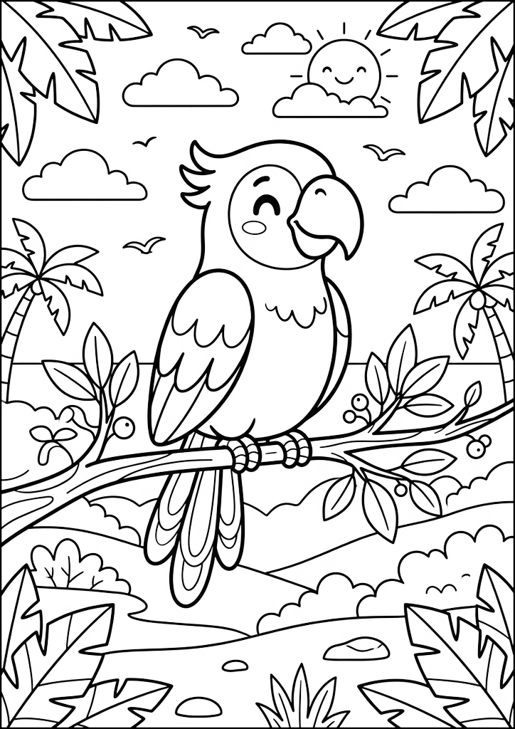 Coloring page Happy Parrot on Tropical Tree