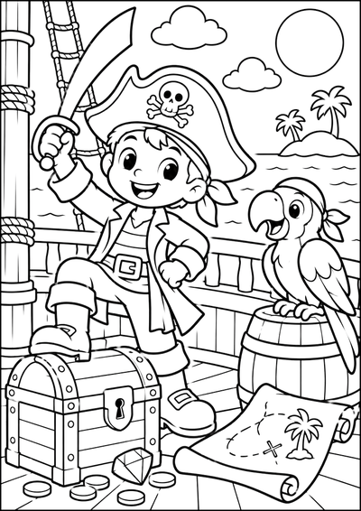 Página para colorear: joven pirata en el barco