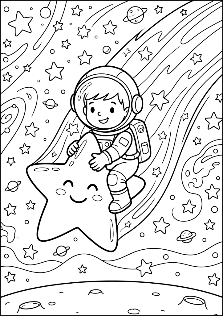 Dibujo para colorear Pequeño Astronauta En Estrella Sonriente