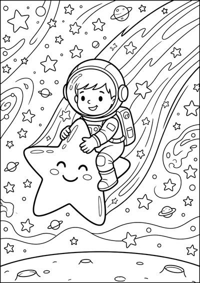 Dibujo para colorear Pequeño Astronauta En Estrella Sonriente
