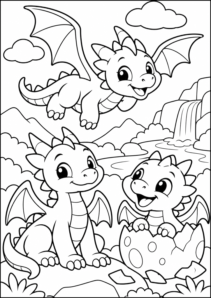 Ausmalbild Drei Kleine Drachen In Der Landschaft