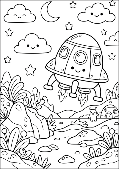 Dibujo para colorear Cohete Sonriente Aterriza en Planeta