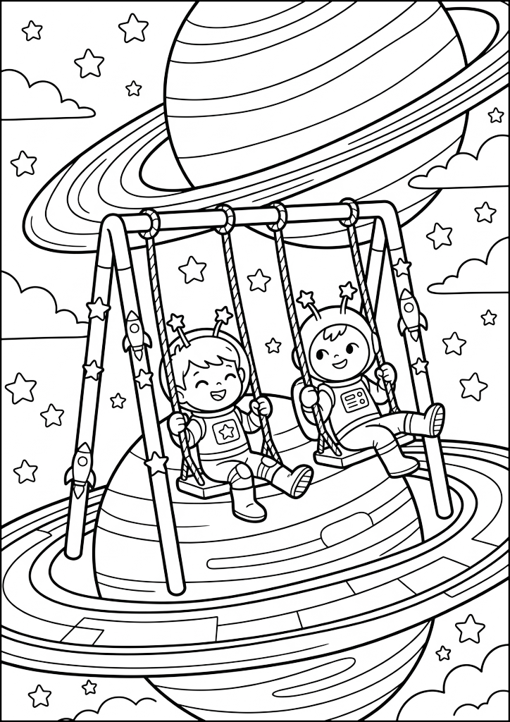 Dibujo para colorear Niños Astronautas En Columpio Espacial
