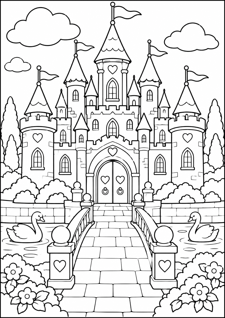 Disegno da colorare Castello fiabesco con cigni