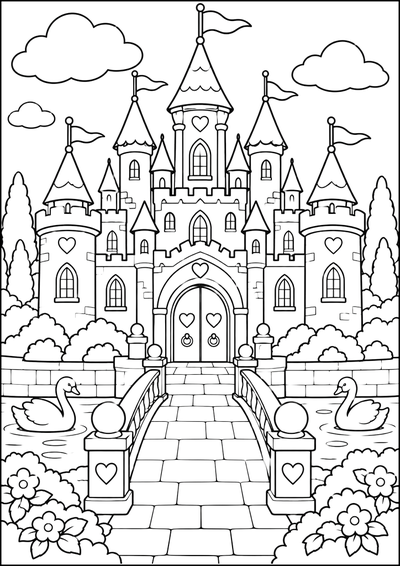 Disegno da colorare Castello fiabesco con cigni