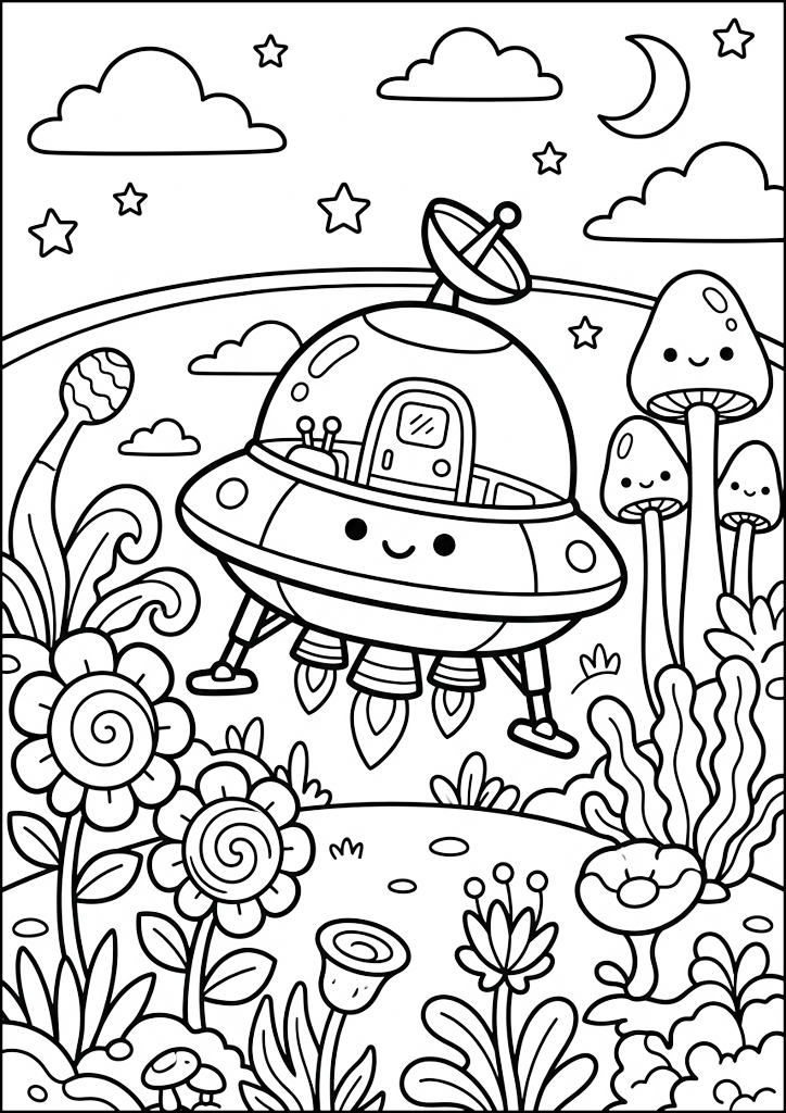 Dibujo para colorear Nave Espacial Linda En Planeta Exótico