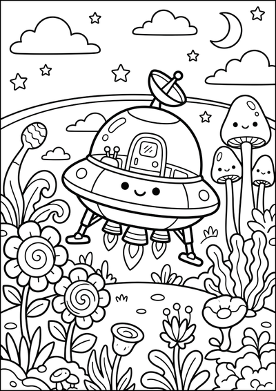 Dibujo para colorear Nave Espacial Linda En Planeta Exótico
