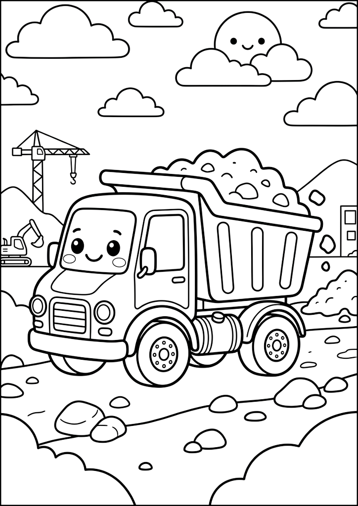 Ausmalbild Lächelnder Muldenkipper auf Baustelle