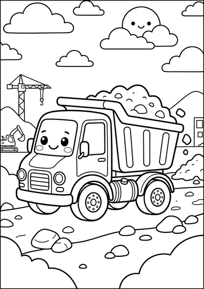 Dibujo para colorear Camión Volquete Sonriente en Obra