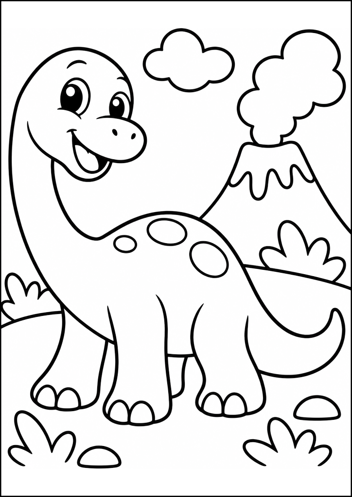 Ausmalbild Lächelnder Dinosaurier mit Vulkan