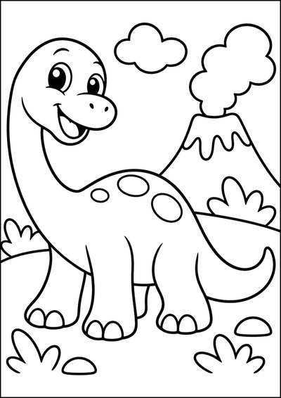 Kolorowanka Uśmiechnięty Dinozaur z Wulkanem