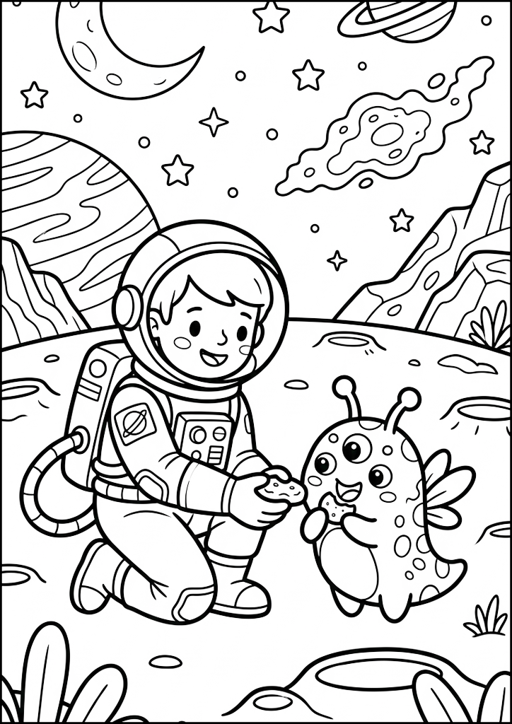 Dibujo para colorear Astronauta Alimentando Dulce Alien