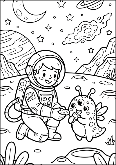 Dibujo para colorear Astronauta Alimentando Dulce Alien
