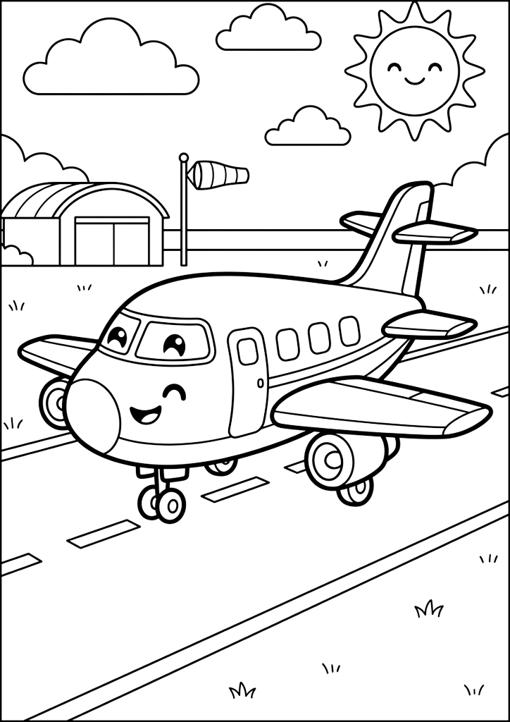 Ausmalbild Lächelndes Flugzeug Auf Dem Flughafen