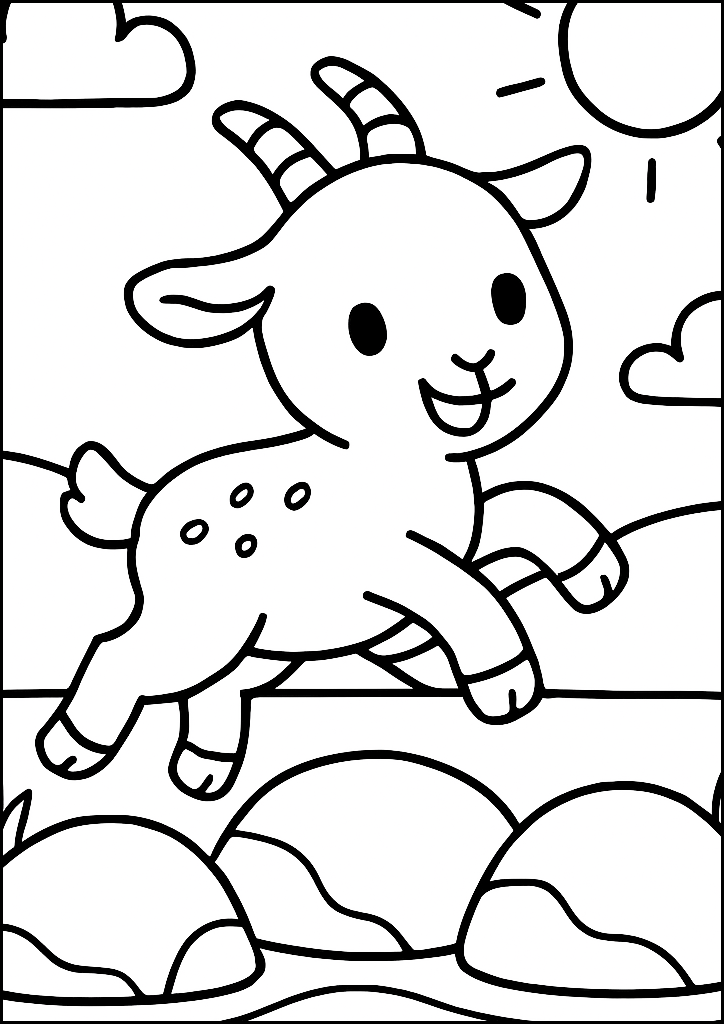 Coloring page Little Goat Jumping Over Stones