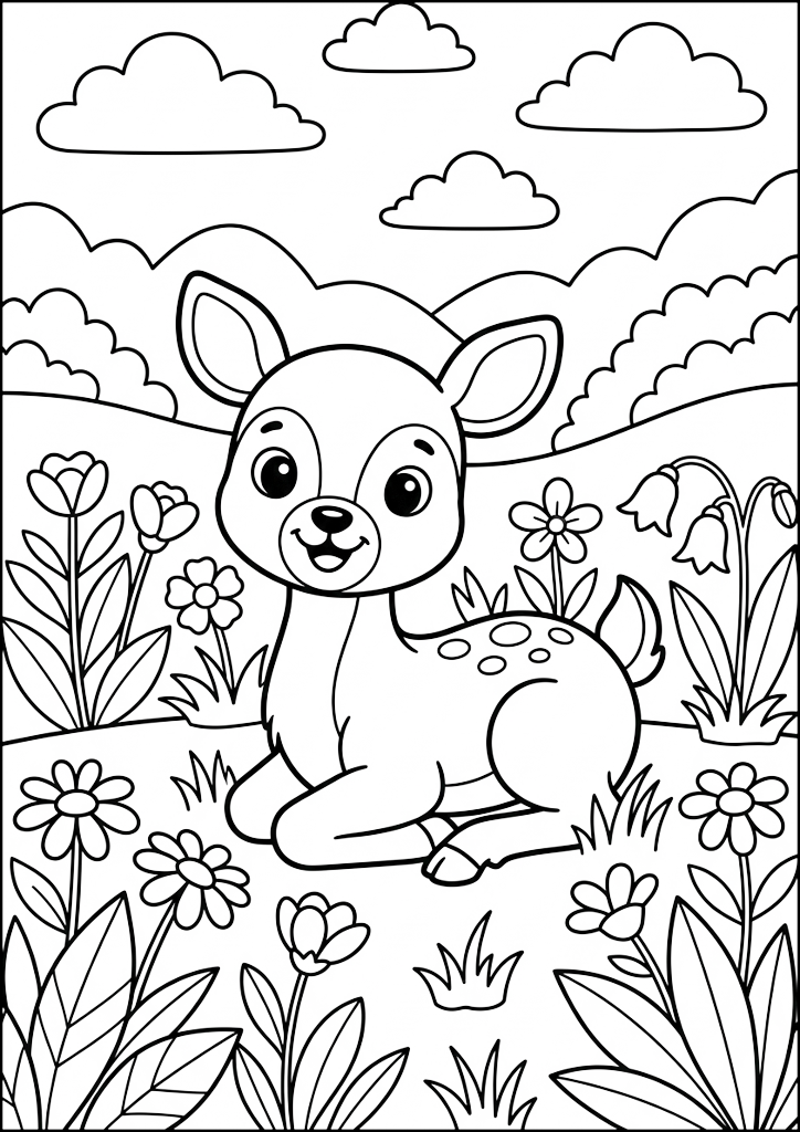 Ausmalbild Süßes Rehkitz Unter Blumen