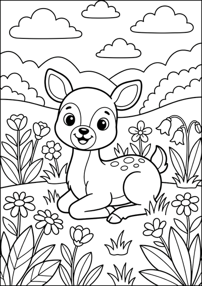 Dibujo para colorear Cariñoso Cervatillo Entre Flores