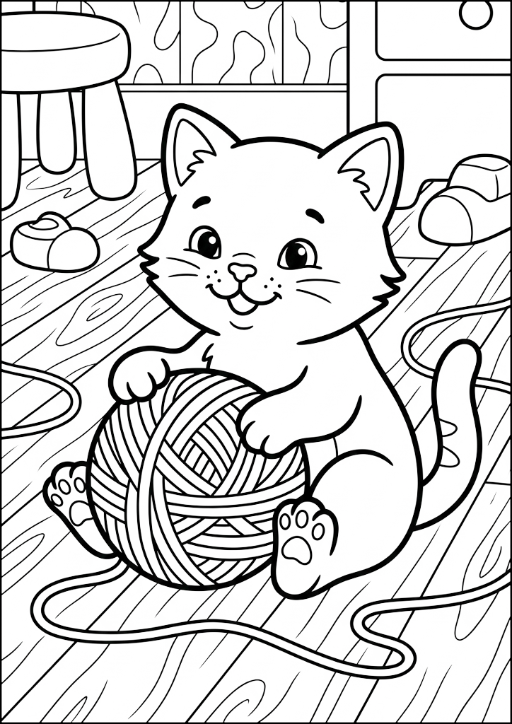 Coloring page Cute Kitten Playing With Yarn