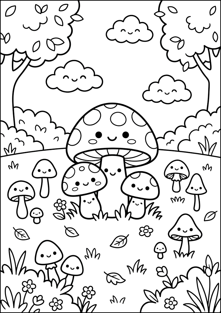 Coloring page Cute Smiling Mushrooms Meadow