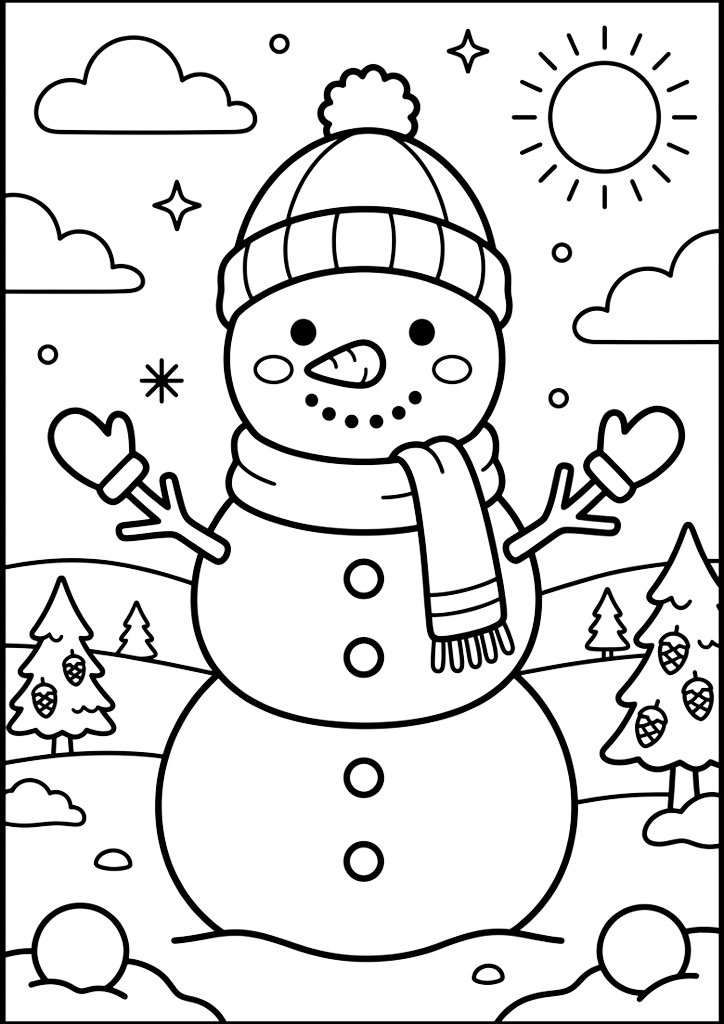 Coloring page Happy Snowman in Winter Landscape