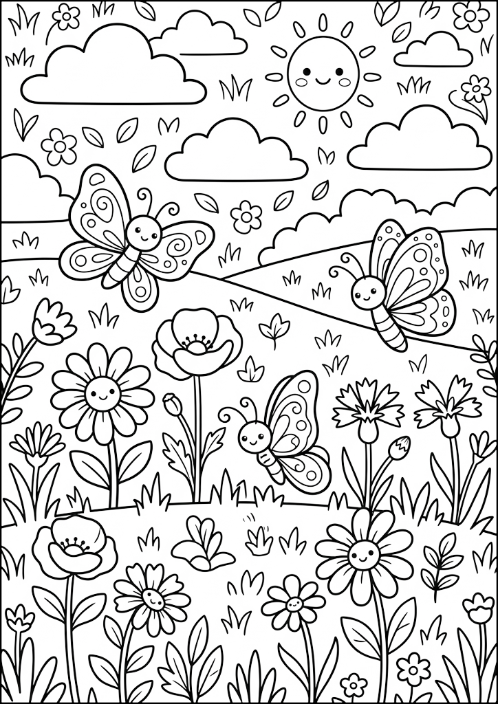 Coloriage Jolie Prairie avec Papillons et Fleurs