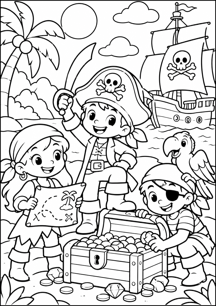 Ausmalbild Junge Piraten auf der Insel