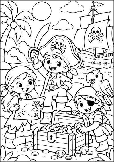Página para colorear Jóvenes Piratas en la Isla
