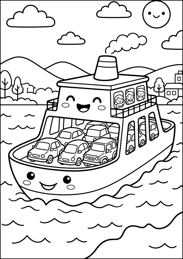 Coloring page Happy Ferry Carrying Cars and Passengers