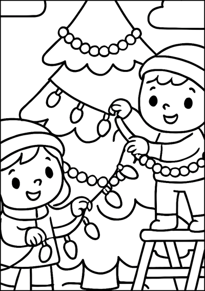 Ausmalbild Kinder Schmücken Weihnachtsbaum