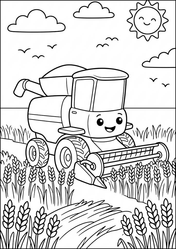 Ausmalbild Fröhlicher Mähdrescher auf dem Feld