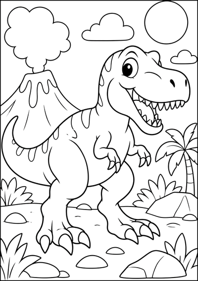 Kolorowanka Uśmiechnięty Tyranozaur Przy Wulkanie